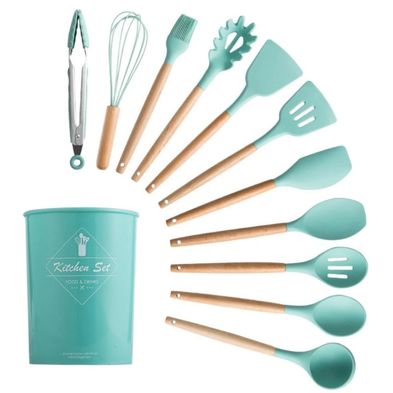 KIT de Utensílios Para Cozinha em Silicone e Bambu 12 Peças