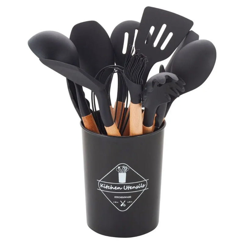 KIT de Utensílios Para Cozinha em Silicone e Bambu 12 Peças