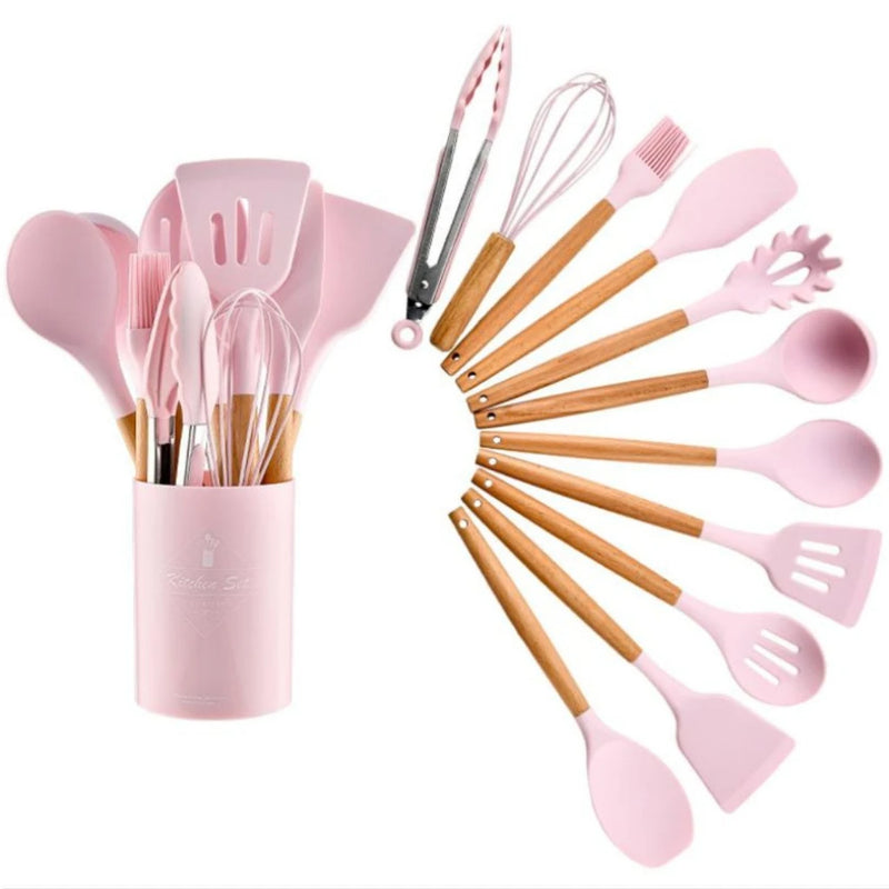 KIT de Utensílios Para Cozinha em Silicone e Bambu 12 Peças